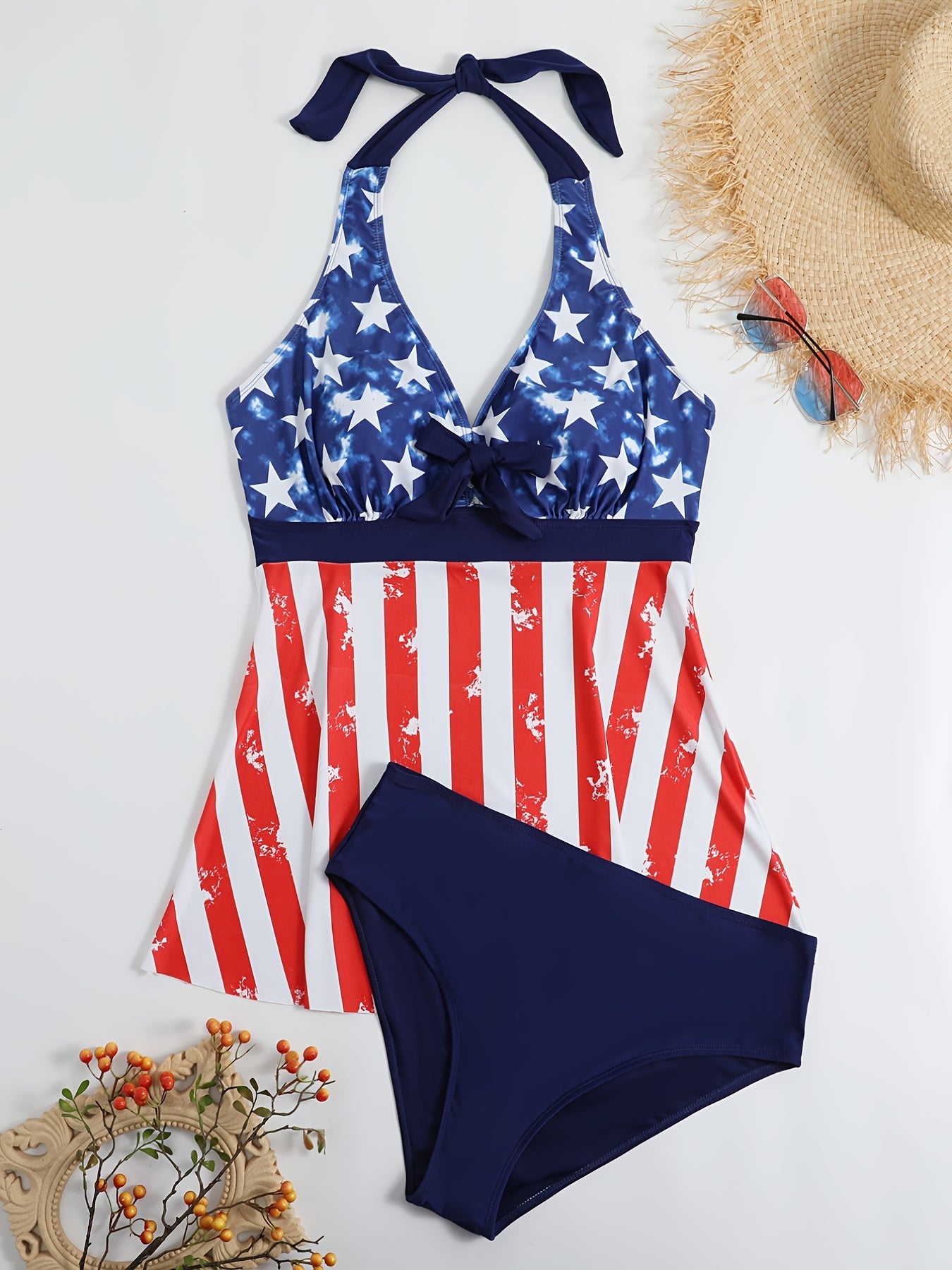  Strip & Star Print Halter Neck Top & Panty Swimsuit Set