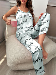 Heart & Letter Print Pajama Set V Neck Cami Top & Lounge Pants