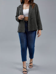  Grid Print Button Lapel Collar Blazer