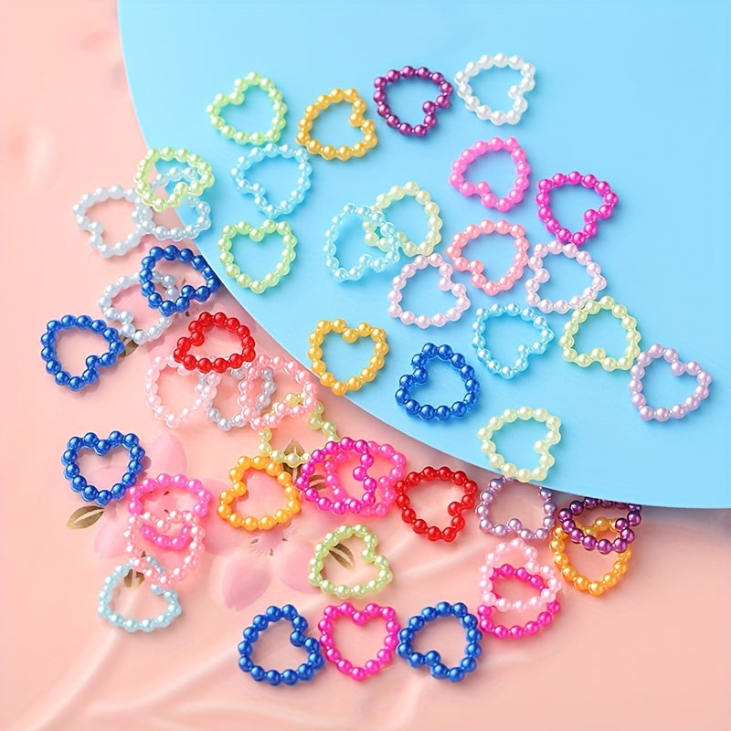 300Pcs Colorful Hollow Pearly Heart Pearl Nail Charm Acrylic Heart Decoration