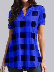  Gingham Print Short Sleeve Blouse Notched Neck Top