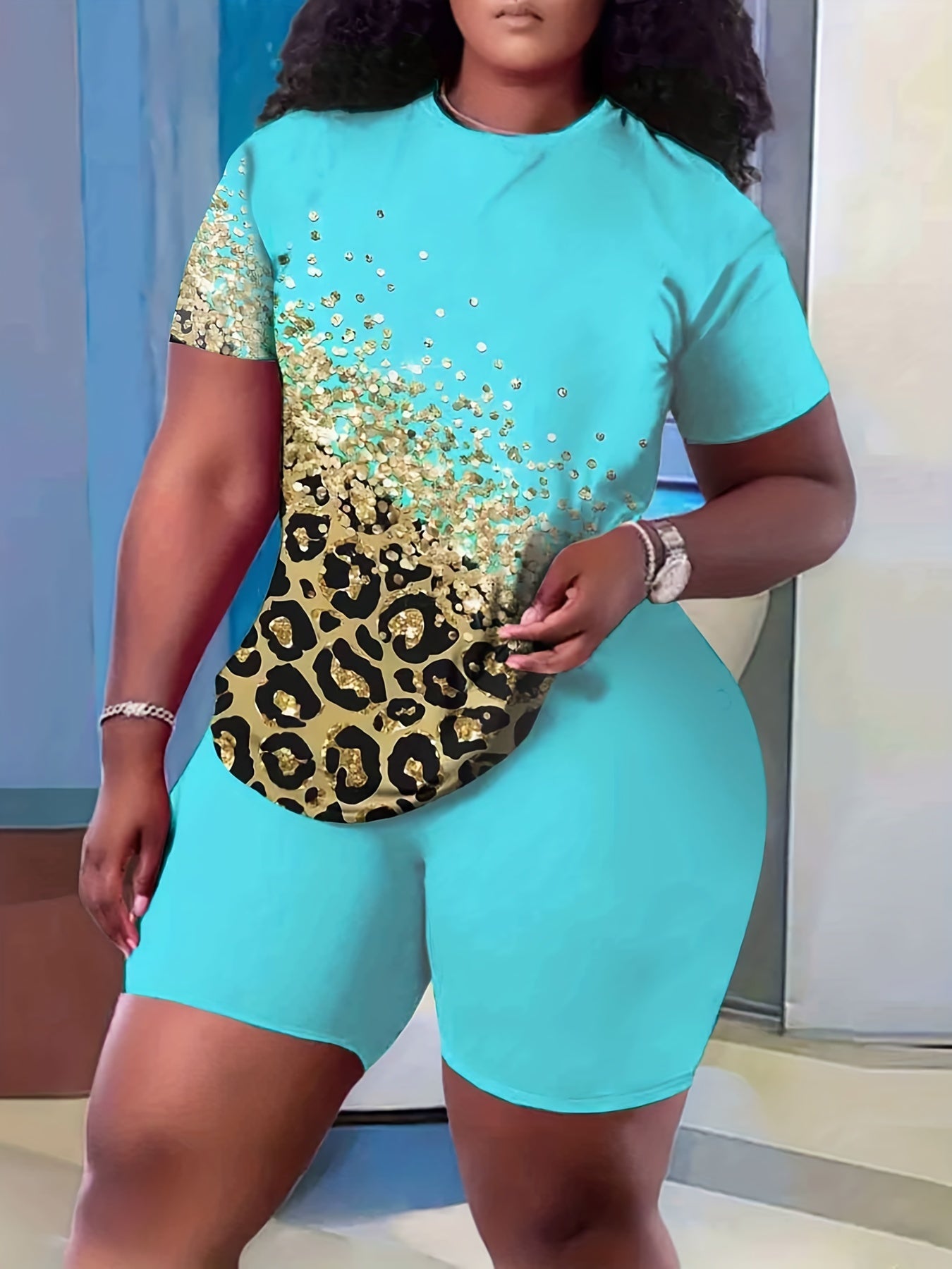 Graphic Print Two piece Set Crew Neck Short Sleeve Tee & Slim Shorts Outfits