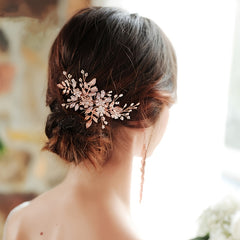 Rose Gold Hair Comb Crystal Floral Leaf Bridal Wedding Headpiece