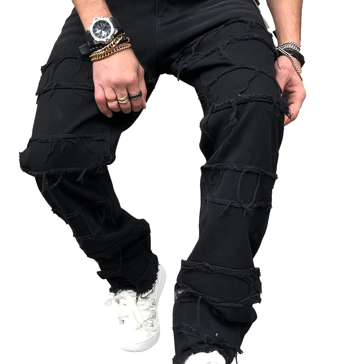 Vintage Raw Trim Loose Fit Jeans Men's Casual Street Style Mid Stretch Denim Pan