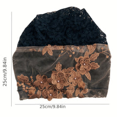 Lace Flower Embroidery Turban Cap Mesh Breathable Ruffle Head Wrap Elastic Hijab