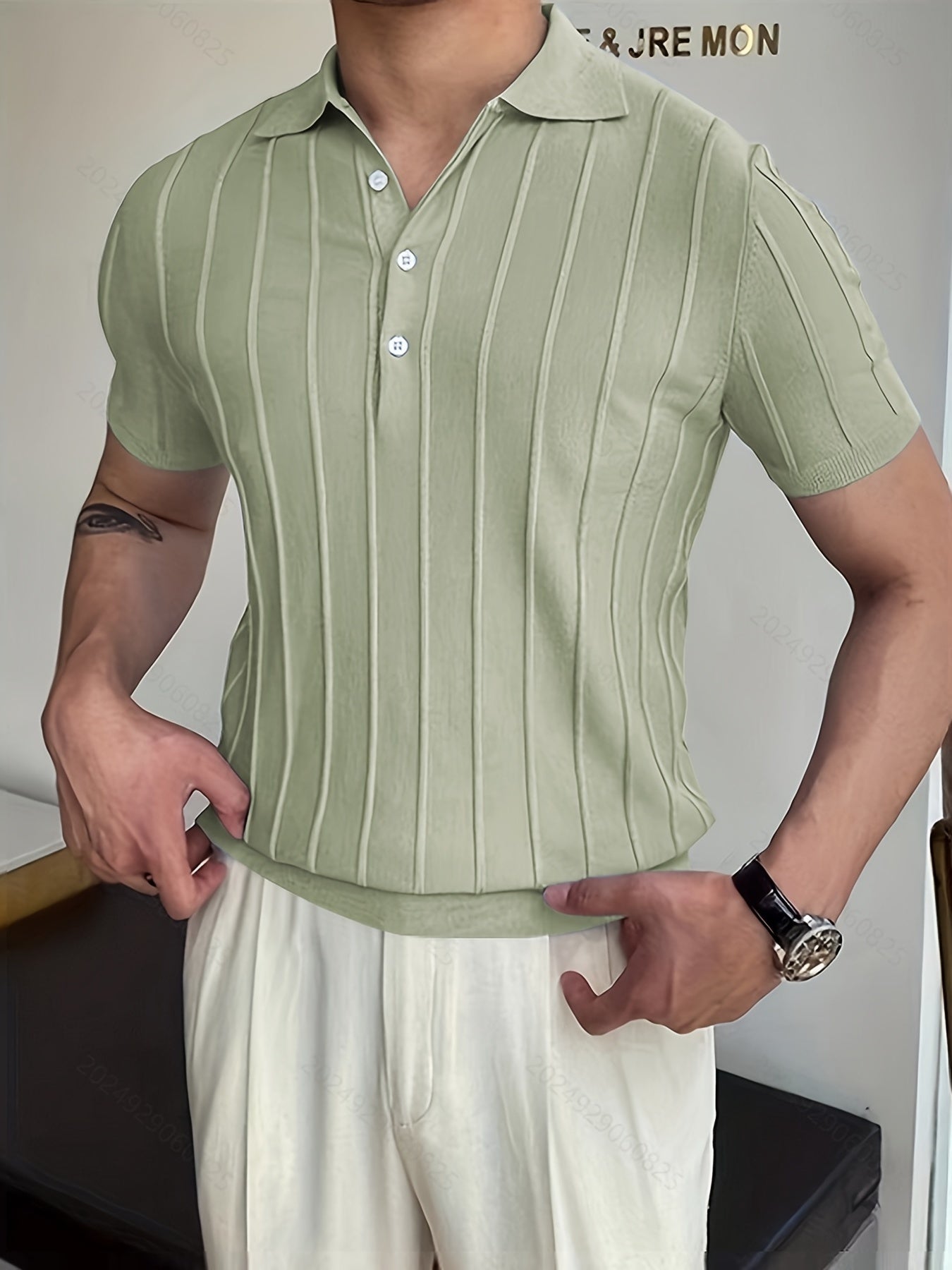 Mens Striped Polo Shirt Solid V Neck Sweater Summer
