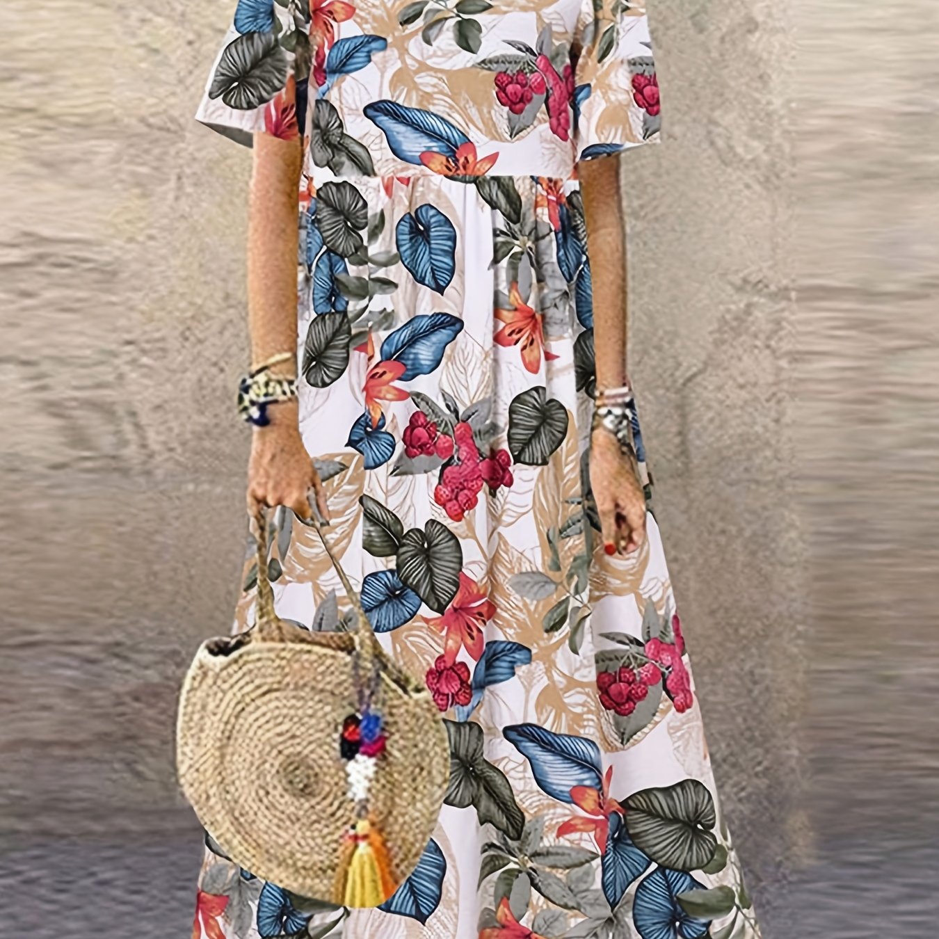  Floral Print Short Sleeve Maxi Dress