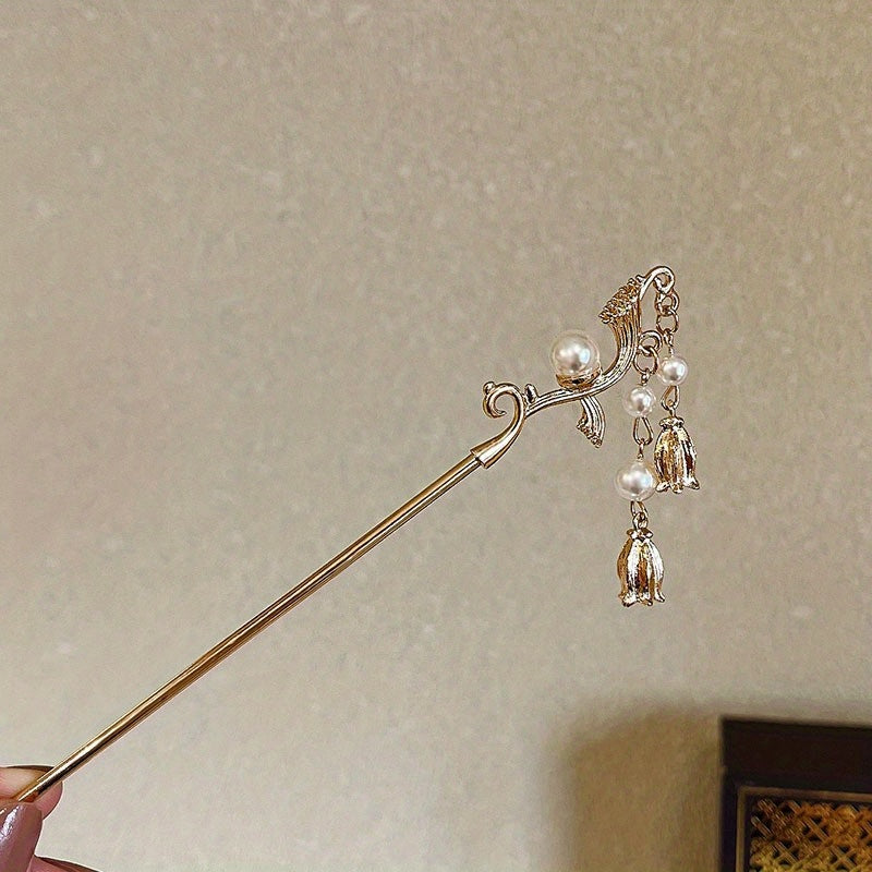 Vintage Hairpin With Faux Pearl Tassel Metal Hair Stick