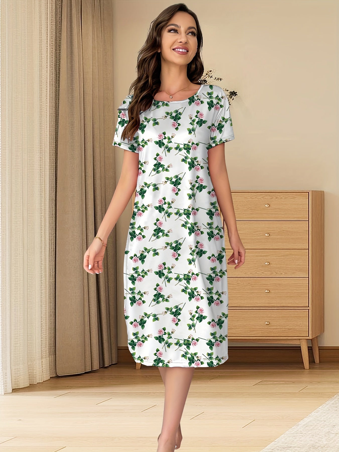 Floral Print Lounge Dress Short Sleeve Crew Neck Women's Loungewear