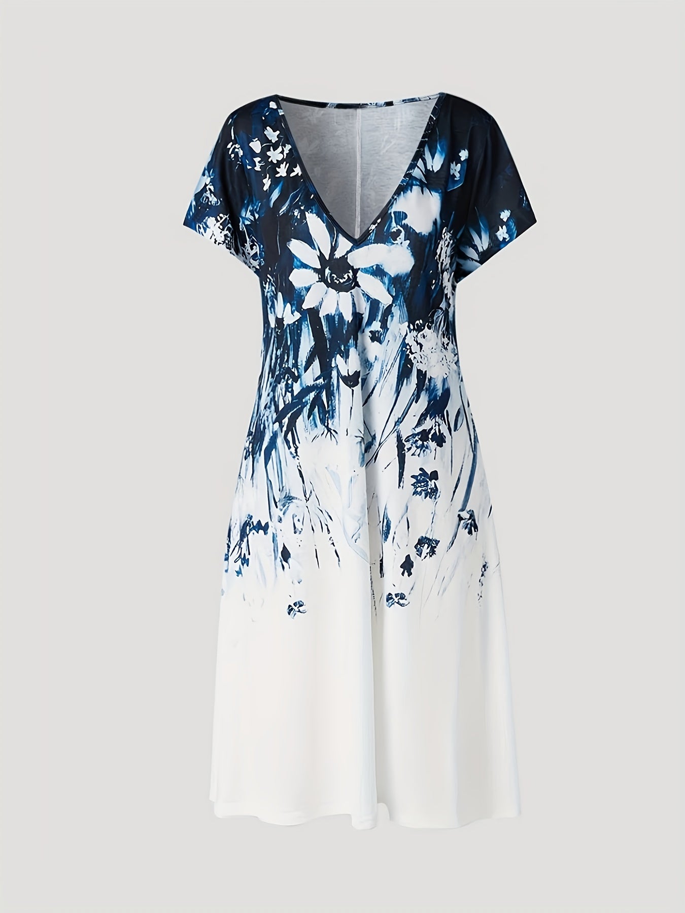  Floral Print V Neck Stretch Dress