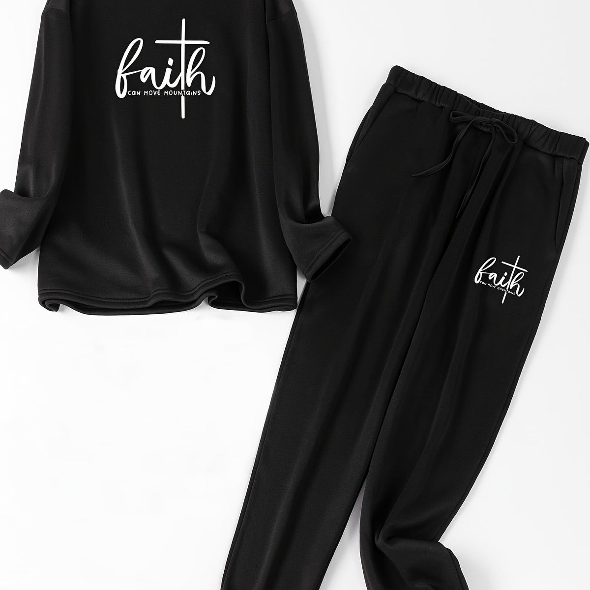  Cross Letter Print Lounge Set Long Sleeve Fleece Top & Joggers Pajamas