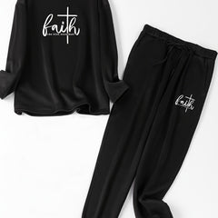  Cross Letter Print Lounge Set Long Sleeve Fleece Top & Joggers Pajamas