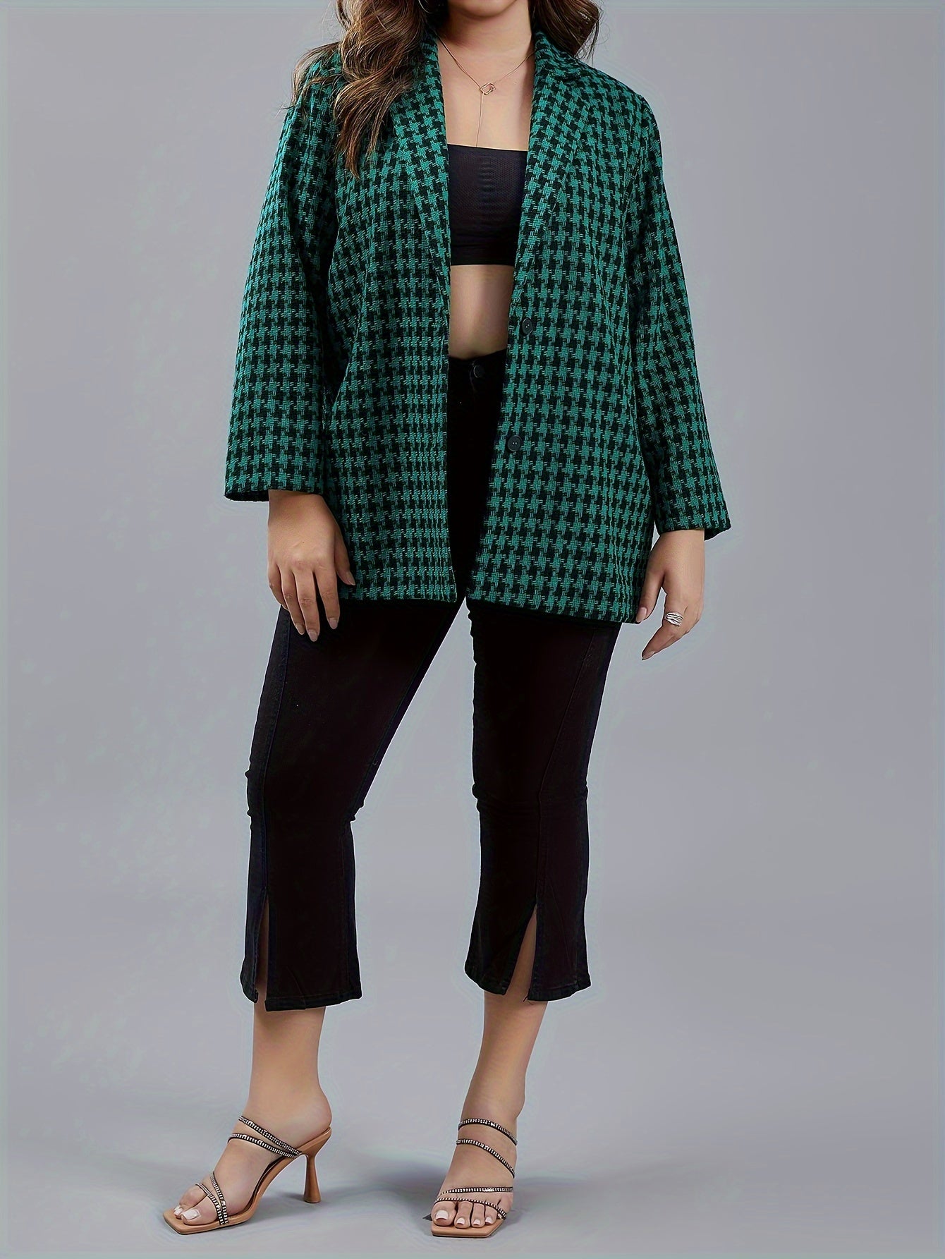  Houndstooth Print Long Sleeve Blazer