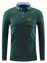 Men's Lion Print Polo Shirt Casual Breathable Long Sleeve Shirt