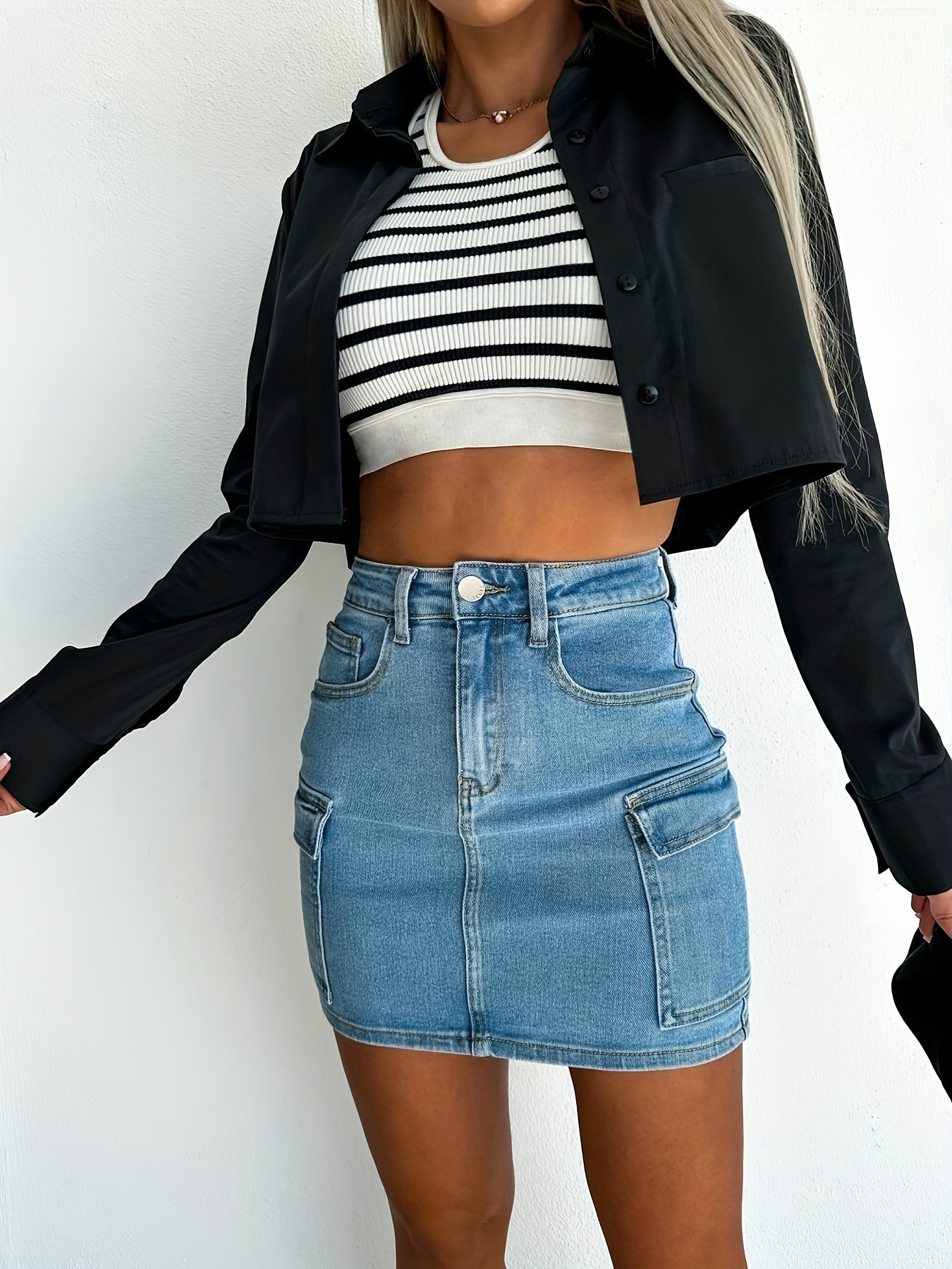 High Waist Denim Cargo Skirt