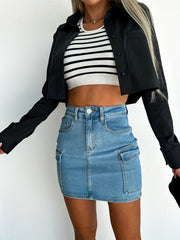 High Waist Denim Cargo Skirt