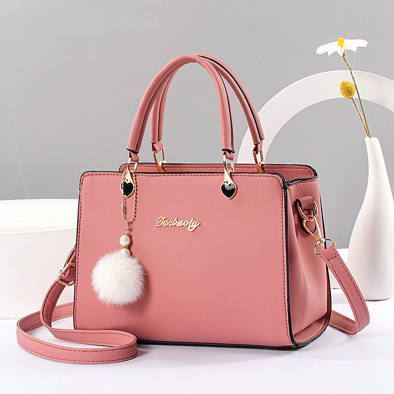 Plush Ball Decor Satchel Bag Solid Hand Bag Women's Shoulder Purse