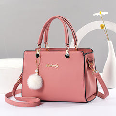 Plush Ball Decor Satchel Bag Solid Hand Bag Women's Shoulder Purse