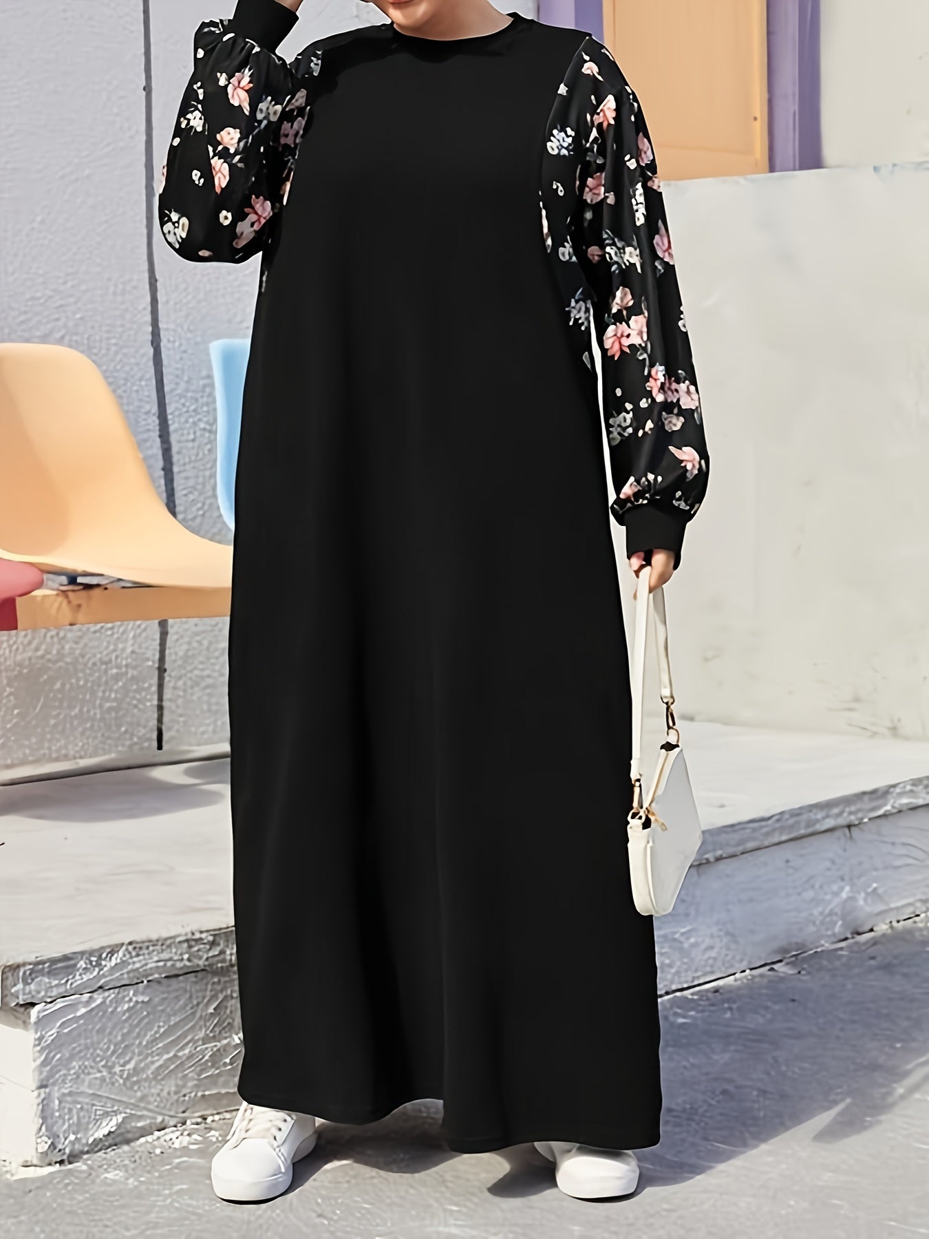  Colorblock Floral Print Abaya Dress