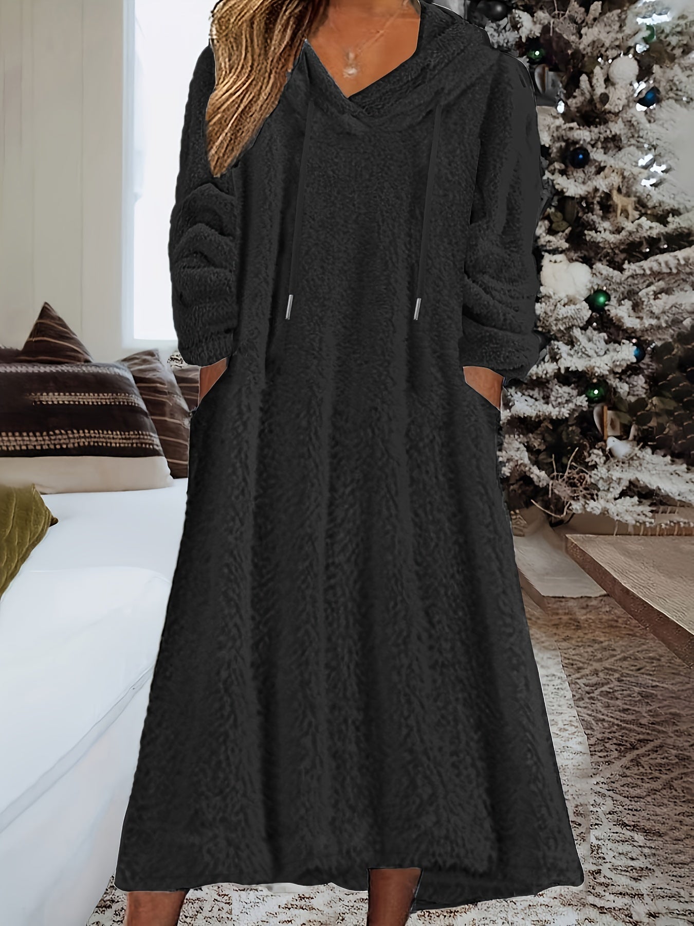  Solid Fleece Long Sleeve Hooded Dress