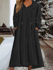  Solid Fleece Long Sleeve Hooded Dress