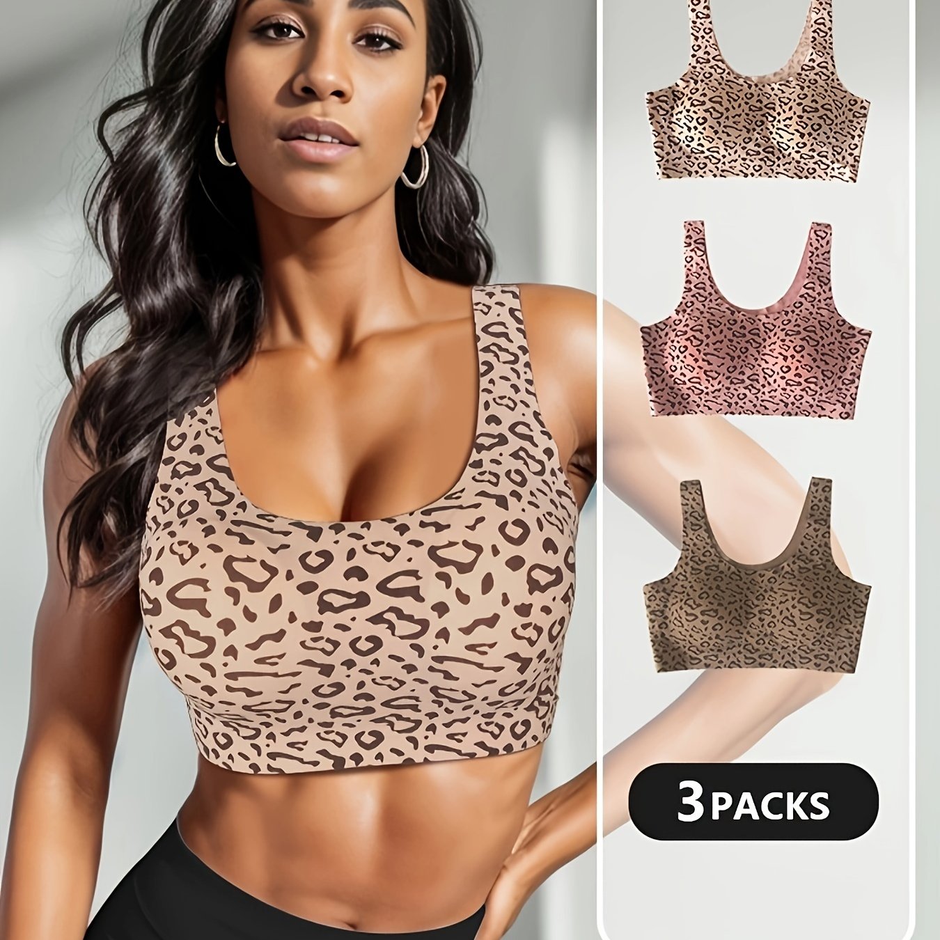 3pcs Leopard Wireless Bras Seamless Breathable Women's Lingerie