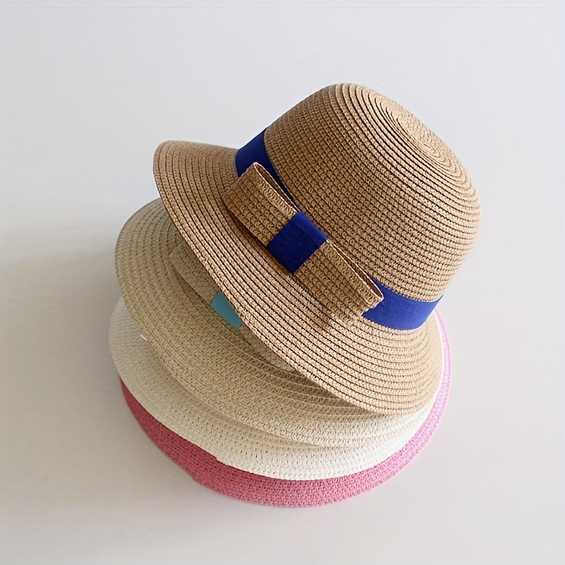 Girls Straw Sun Hat with Bow - Sunshade Bucket Hat