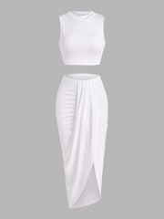 Crop Tank Top & Ruched Split Front Skirt Set Women's Outfit