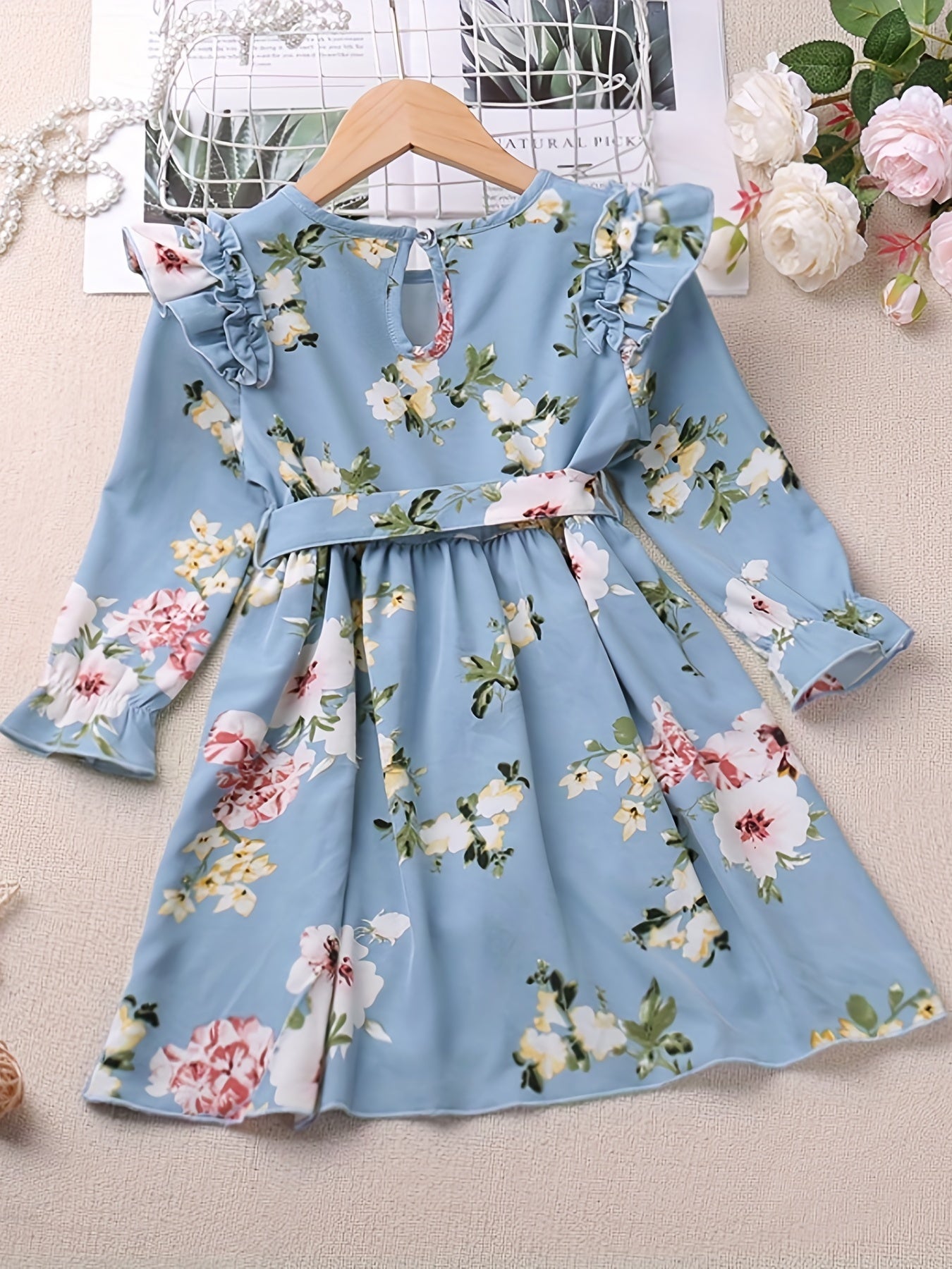 Girls Ruffle Long Sleeve Floral Print Belted Dress