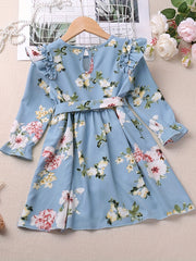 Girls Ruffle Long Sleeve Floral Print Belted Dress