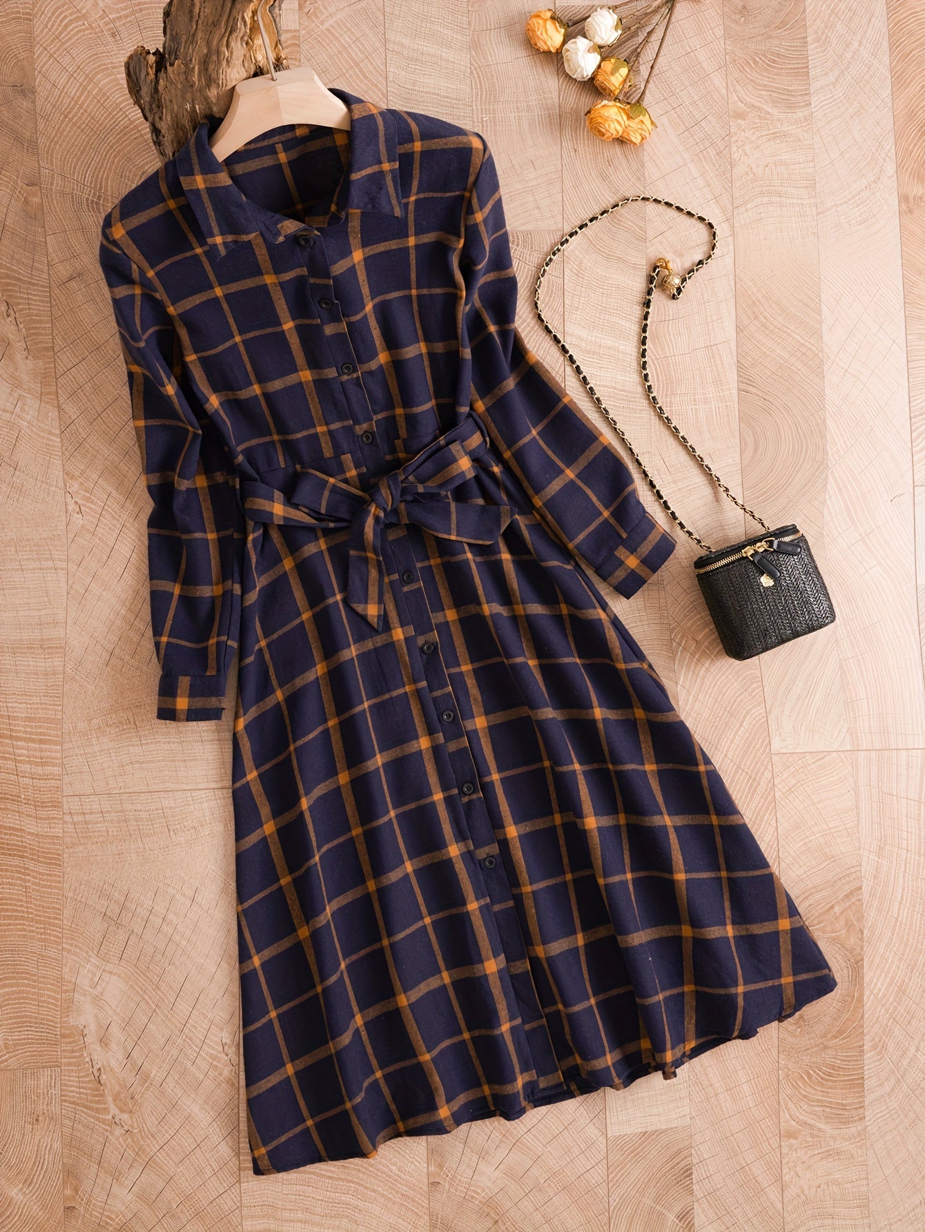  Plaid Print Button Up Long Sleeve Shirt Dress