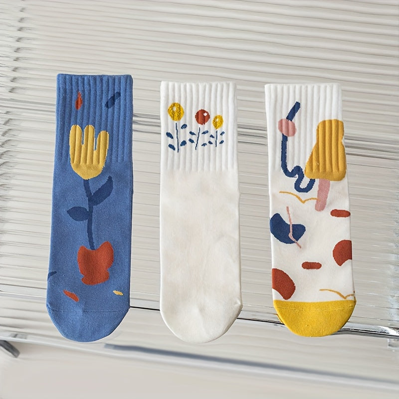 3 pairs Floral Print Socks Women's Stockings & Hosiery