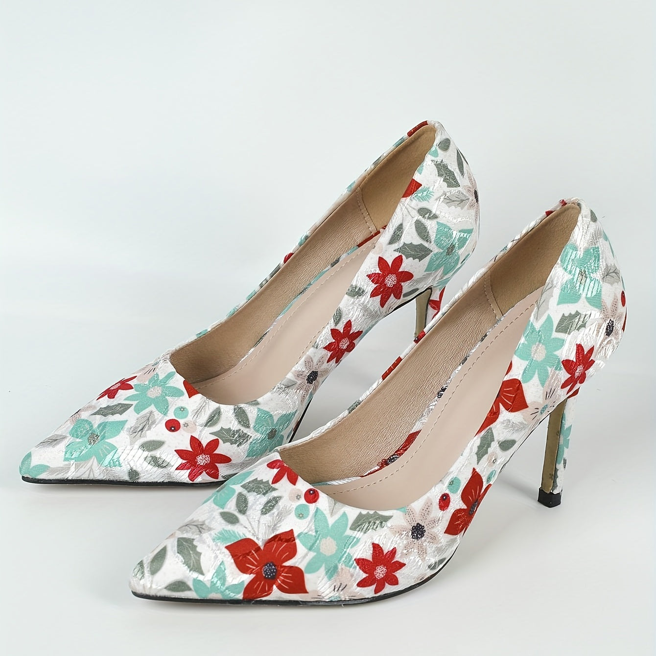 Floral Print Pumps Pointed Toe Slip On High Heels Dress Shoes