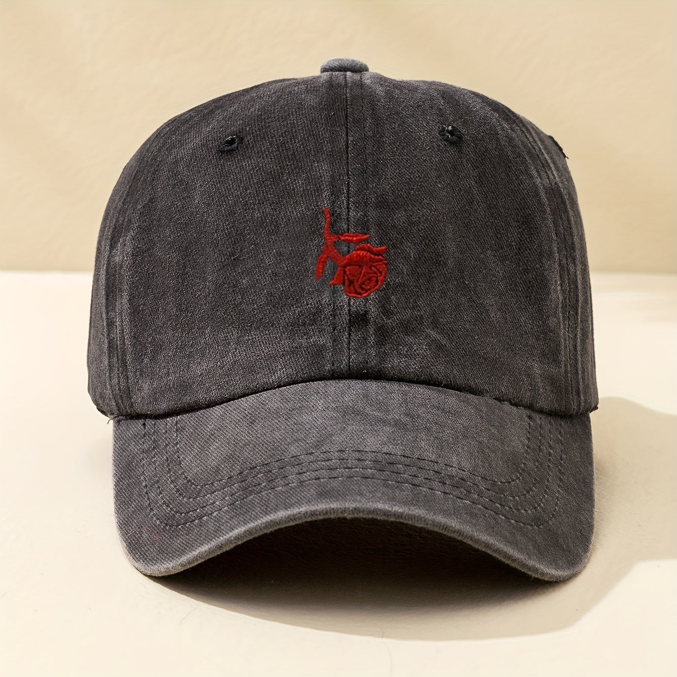 Red Rose Embroidery Baseball Cap Washed Distressed Sports Hat