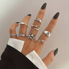8pcs Punk Style Stacking Rings Teddy Bear Heart Mix Match Daily Outfits Party