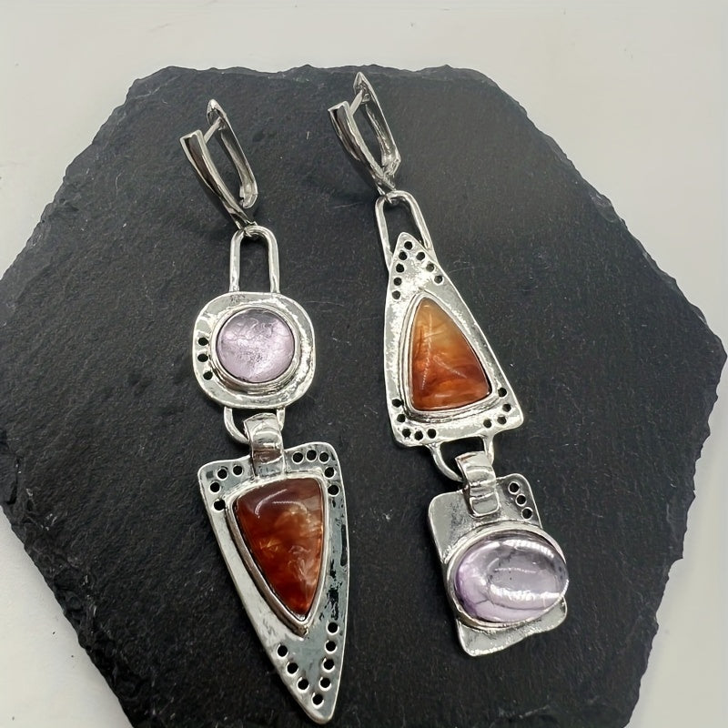 Geometric Metal Drop Earrings Synthetic Gems Bohemian Jewelry