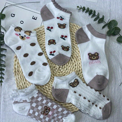 5 Pairs Floral Print Ruffle Socks Low Cut Ankle Stockings Lightweight