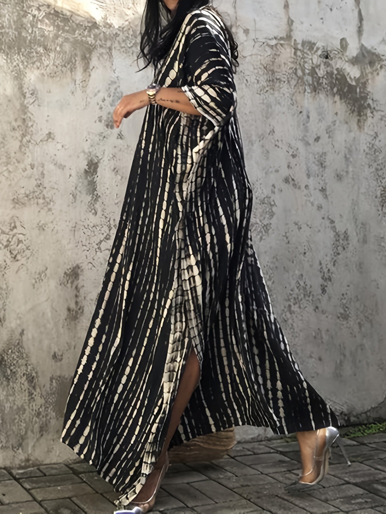  Boho Cover Up Tie Dye Striped Bat Sleeve V Neck Split Max