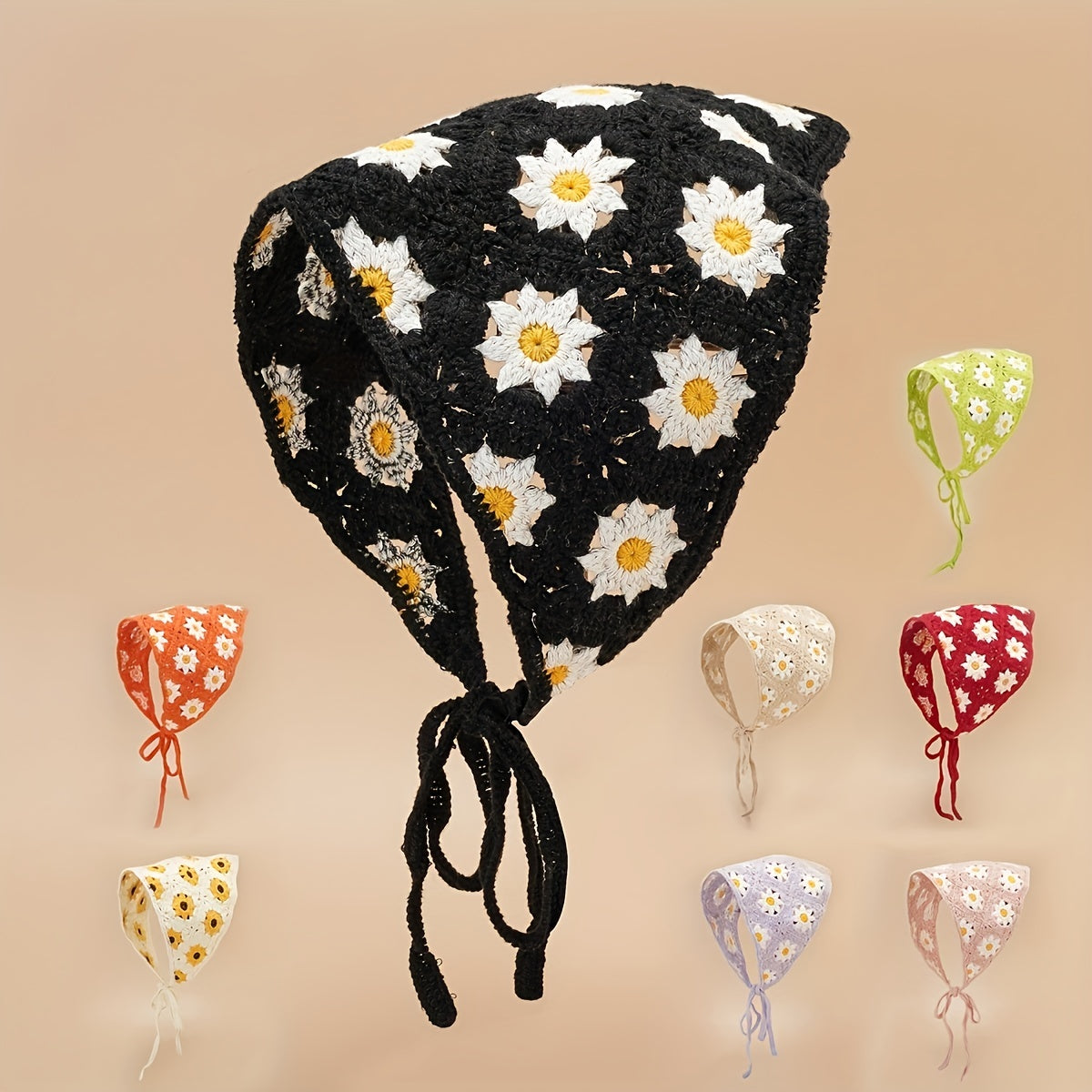 Daisy Flower Knitted Triangle Scarf Head Wrap Hollow Crochet Lace Up Turban Hat