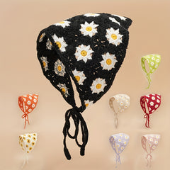 Daisy Flower Knitted Triangle Scarf Head Wrap Hollow Crochet Lace Up Turban Hat