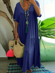  Solid V Neck Ruffle Trim Smock Dress