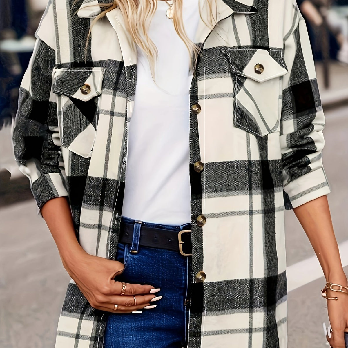  Plaid Print Long Sleeve Button Up Lapel Collar Shirt Top