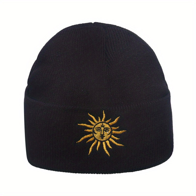 Boho Sun Embroidery Beanie Dark Green Vintage Elastic Knit Hat