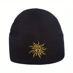 Boho Sun Embroidery Beanie Dark Green Vintage Elastic Knit Hat