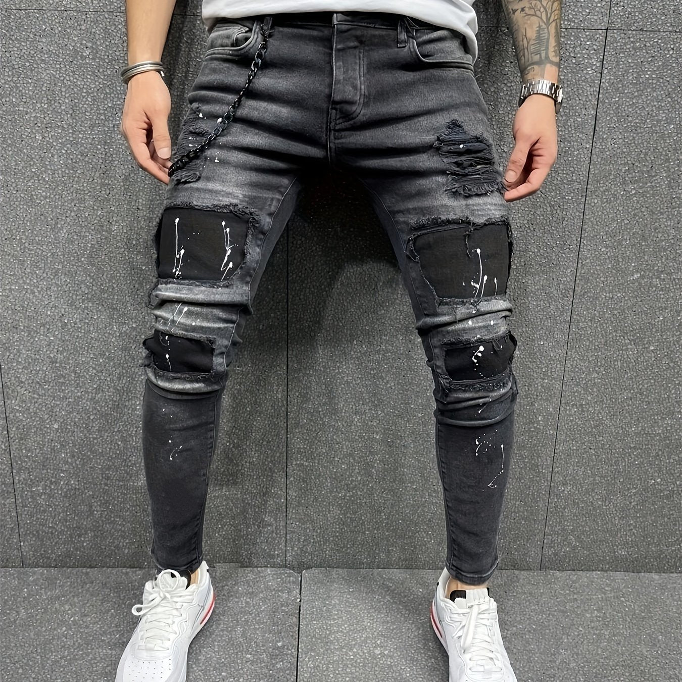 Mens Ripped Jeans Paint Splatter Chain Casual Street Style Denim Pants