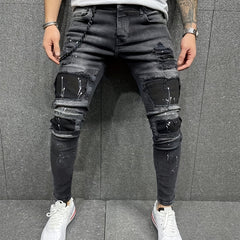 Mens Ripped Jeans Paint Splatter Chain Casual Street Style Denim Pants