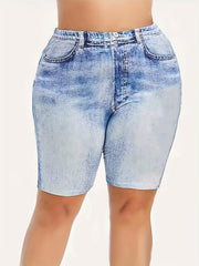 Denim Print High Rise Skinny Shorts