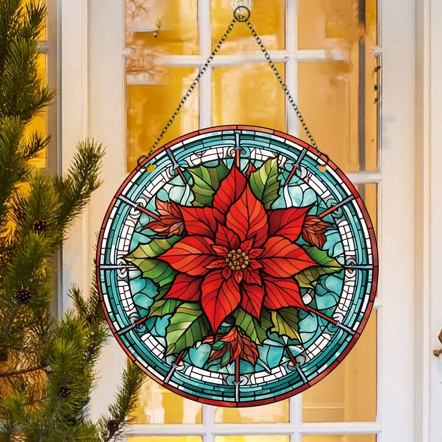 Christmas Acrylic Window Decoration Red Flowers Stained Glass Panel