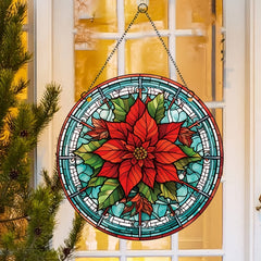 Christmas Acrylic Window Decoration Red Flowers Stained Glass Panel