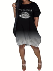 Women's Plus Slogan Lip Ombre Print Short Sleeve Round Neck Stretch Dress